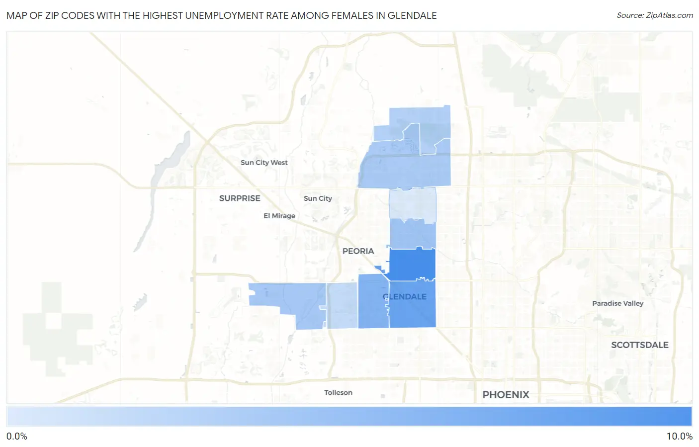 Zip Codes with the Highest Unemployment Rate Among Females in Glendale Map