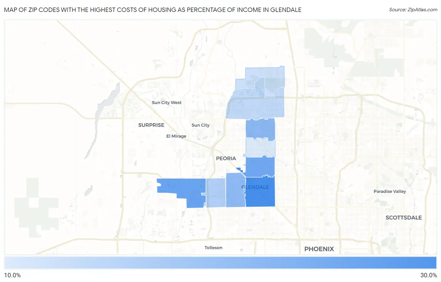 Zip Codes with the Highest Costs of Housing as Percentage of Income in Glendale Map