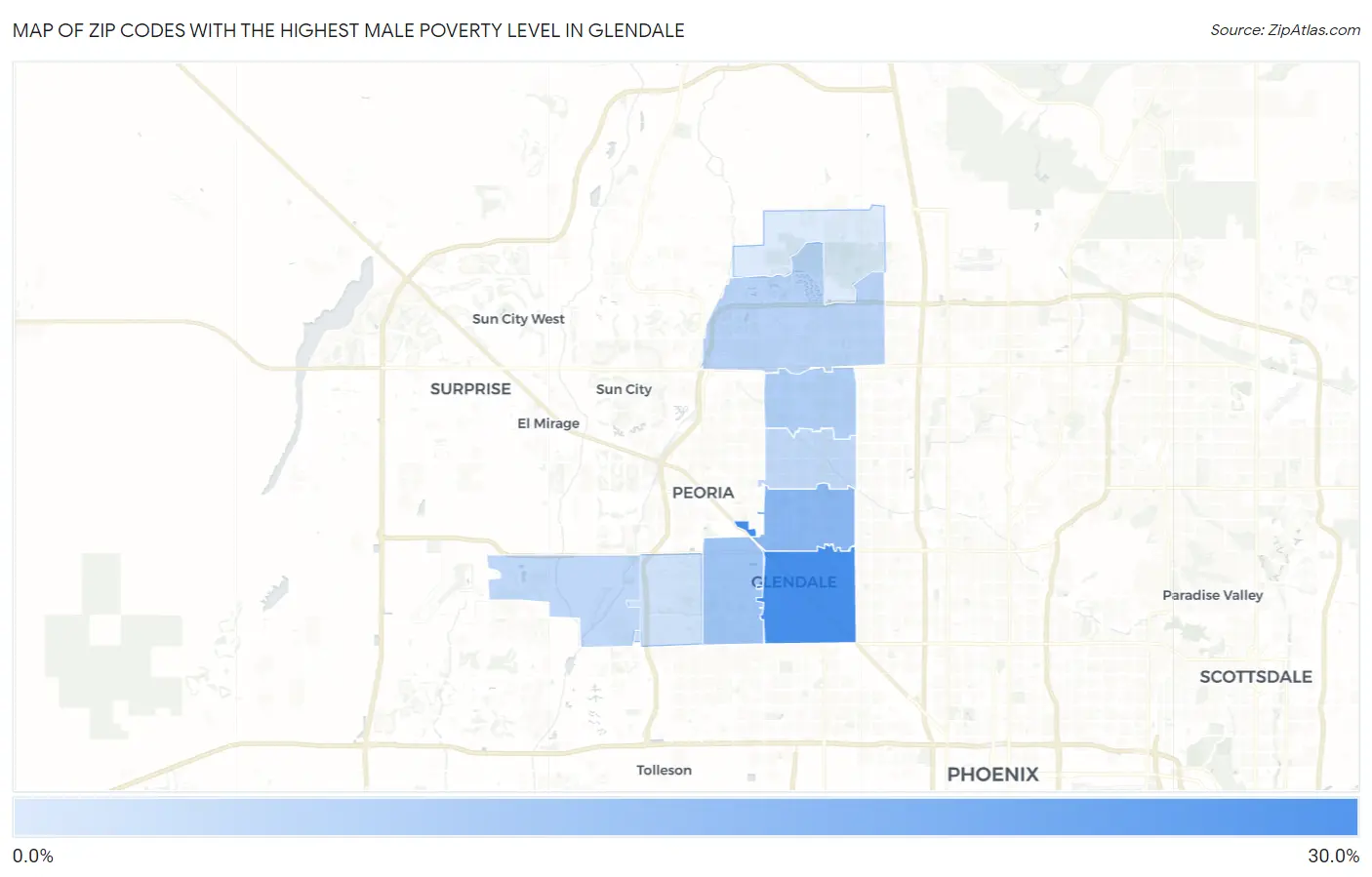 Zip Codes with the Highest Male Poverty Level in Glendale Map