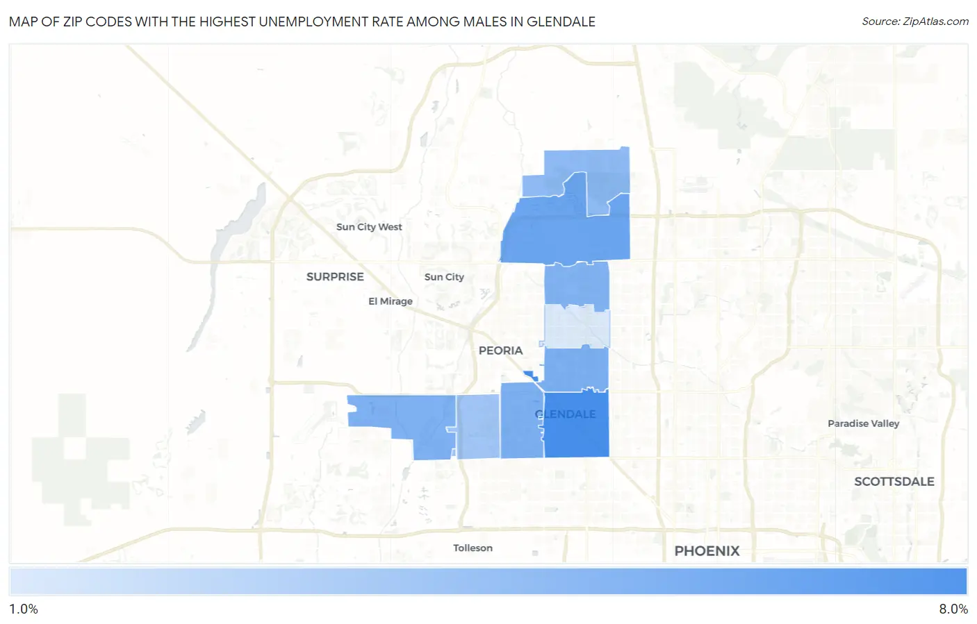 Zip Codes with the Highest Unemployment Rate Among Males in Glendale Map