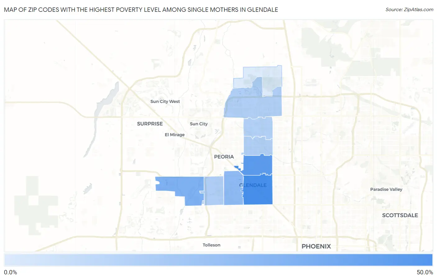Zip Codes with the Highest Poverty Level Among Single Mothers in Glendale Map