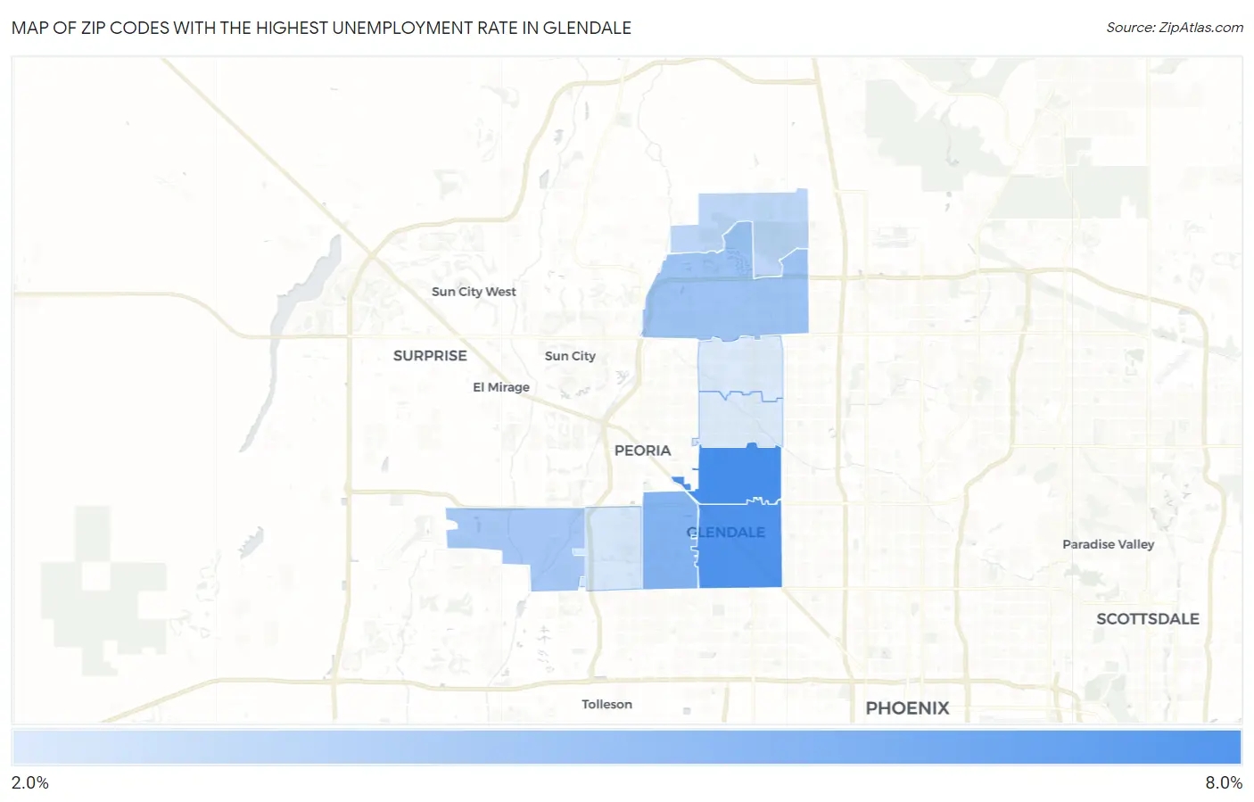 Zip Codes with the Highest Unemployment Rate in Glendale Map