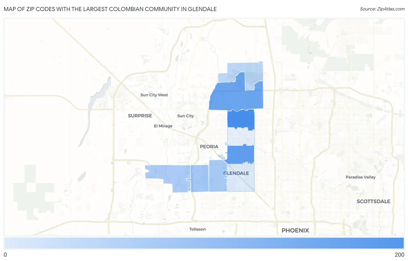 Zip Codes with the Largest Colombian Community in Glendale Map