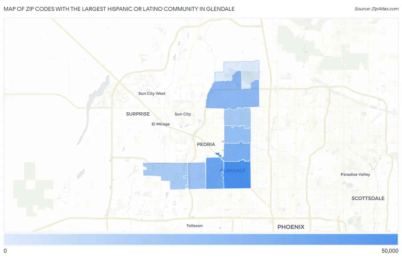 Zip Codes with the Largest Hispanic or Latino Community in Glendale Map