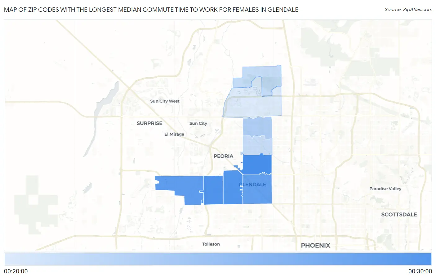 Zip Codes with the Longest Median Commute Time to Work for Females in Glendale Map