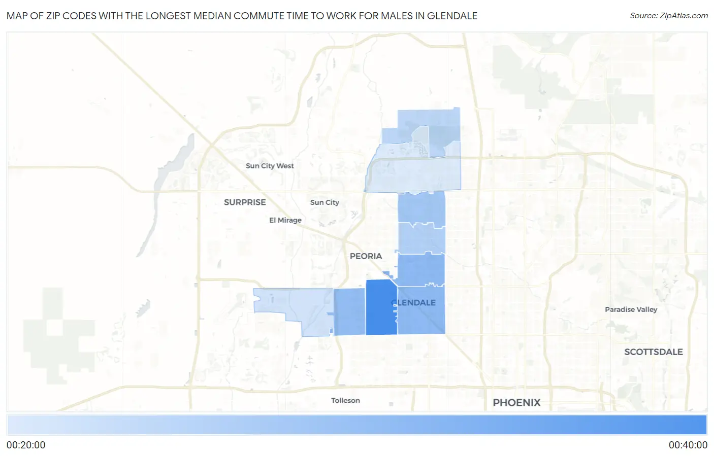 Zip Codes with the Longest Median Commute Time to Work for Males in Glendale Map