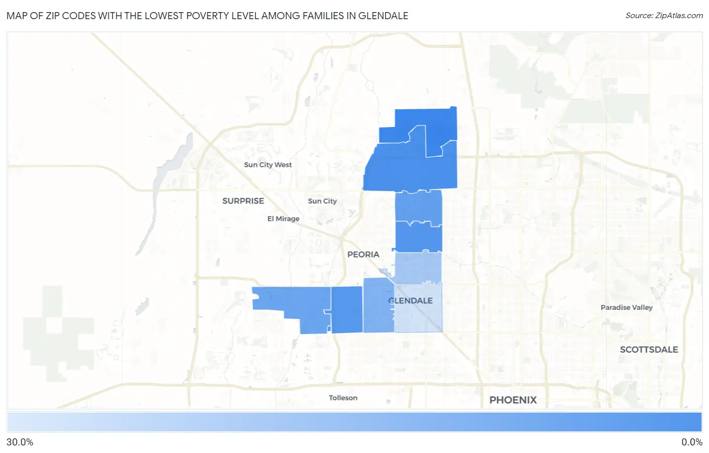 Zip Codes with the Lowest Poverty Level Among Families in Glendale Map