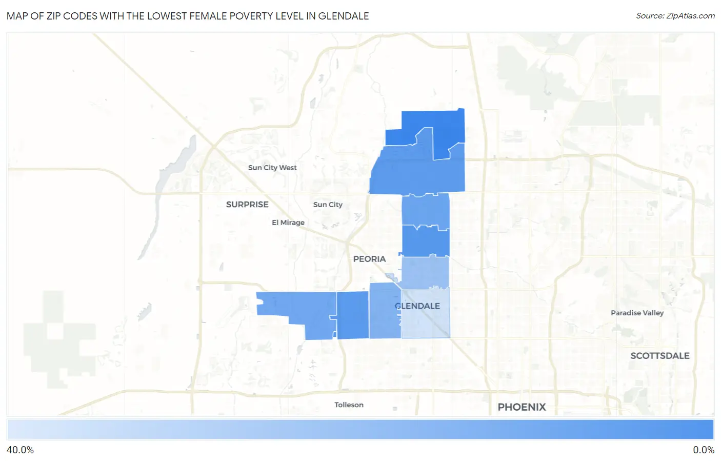 Zip Codes with the Lowest Female Poverty Level in Glendale Map