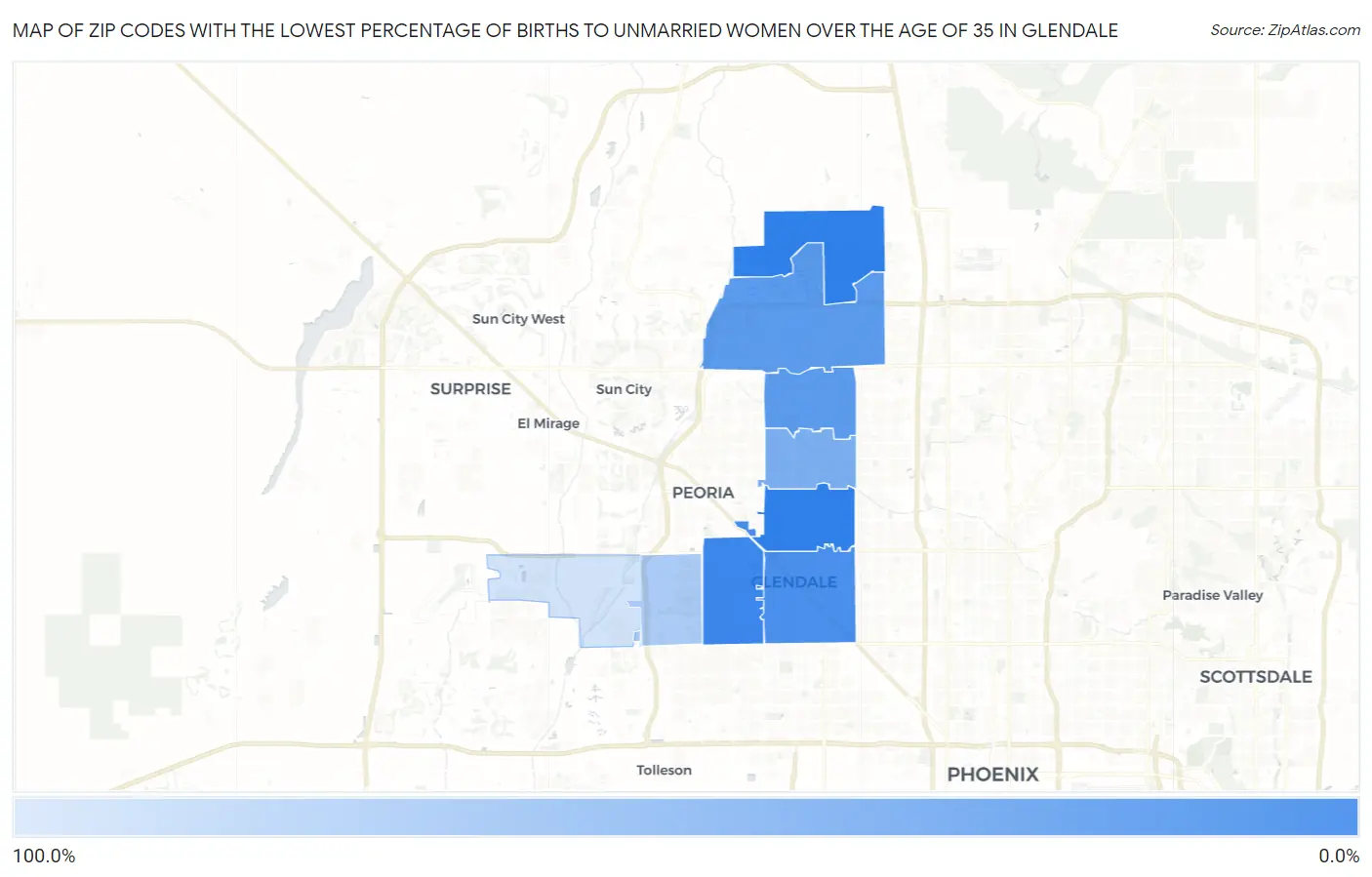 Zip Codes with the Lowest Percentage of Births to Unmarried Women over the Age of 35 in Glendale Map