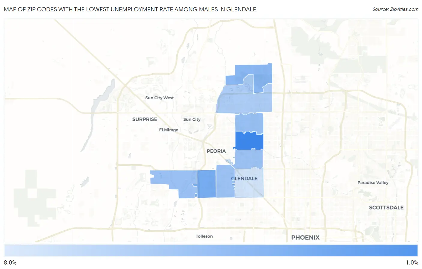 Zip Codes with the Lowest Unemployment Rate Among Males in Glendale Map