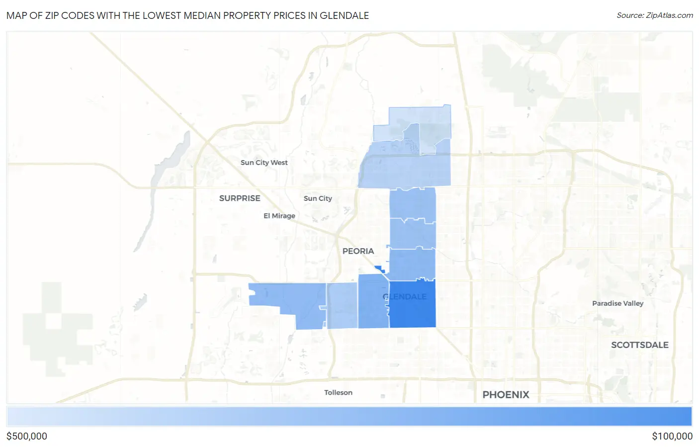 Zip Codes with the Lowest Median Property Prices in Glendale Map