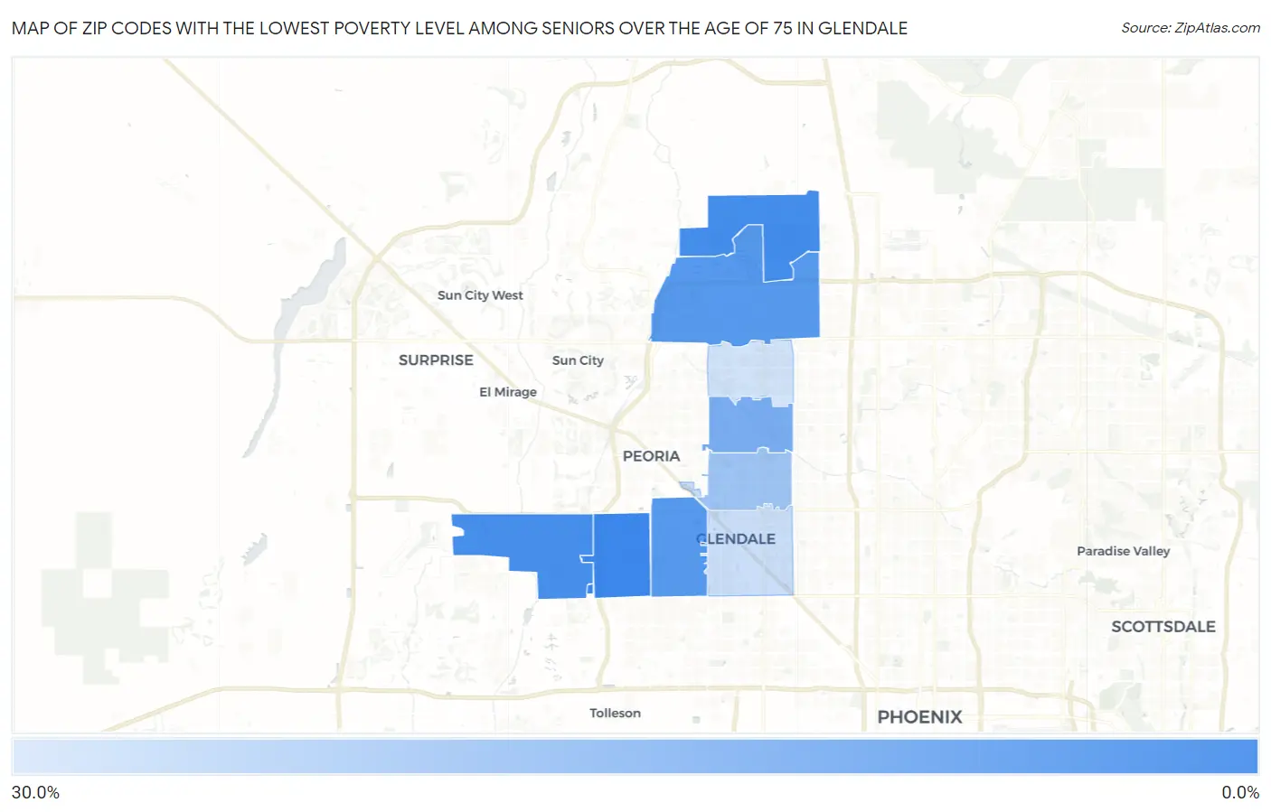 Zip Codes with the Lowest Poverty Level Among Seniors Over the Age of 75 in Glendale Map