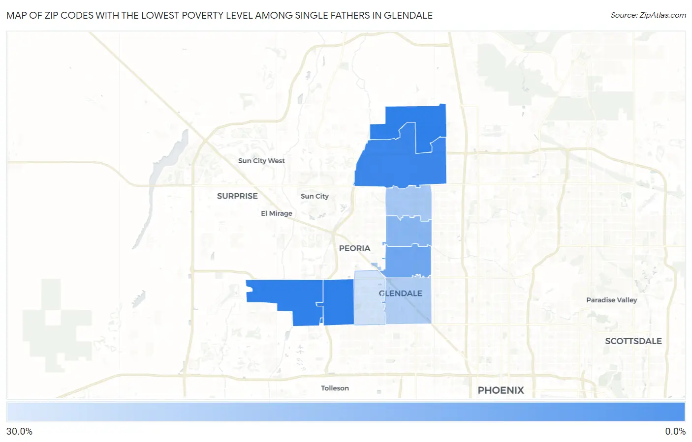 Zip Codes with the Lowest Poverty Level Among Single Fathers in Glendale Map
