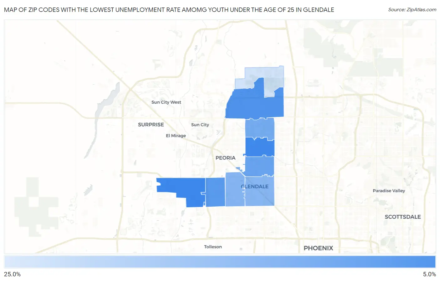 Zip Codes with the Lowest Unemployment Rate Amomg Youth Under the Age of 25 in Glendale Map