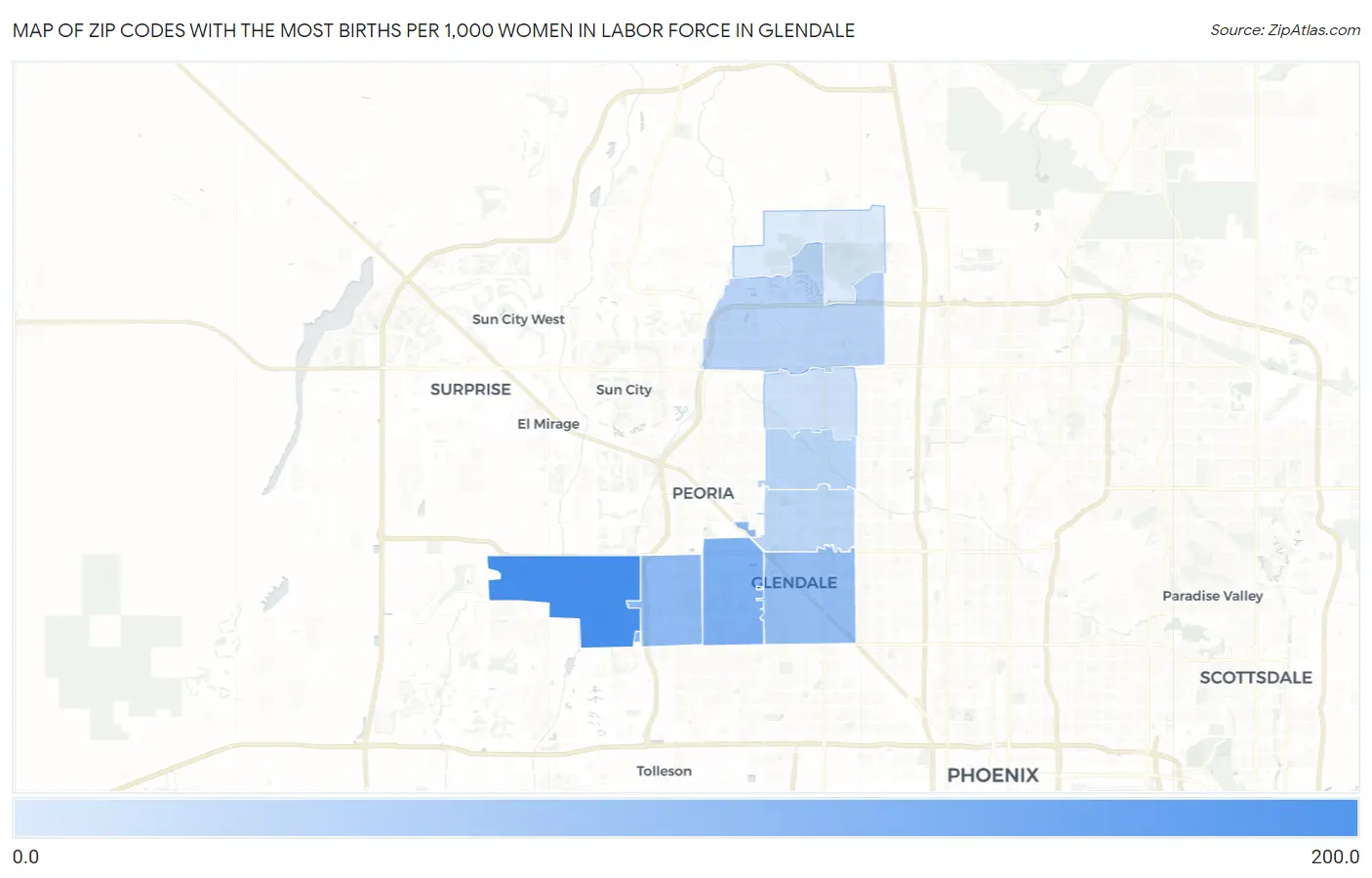 Zip Codes with the Most Births per 1,000 Women in Labor Force in Glendale Map