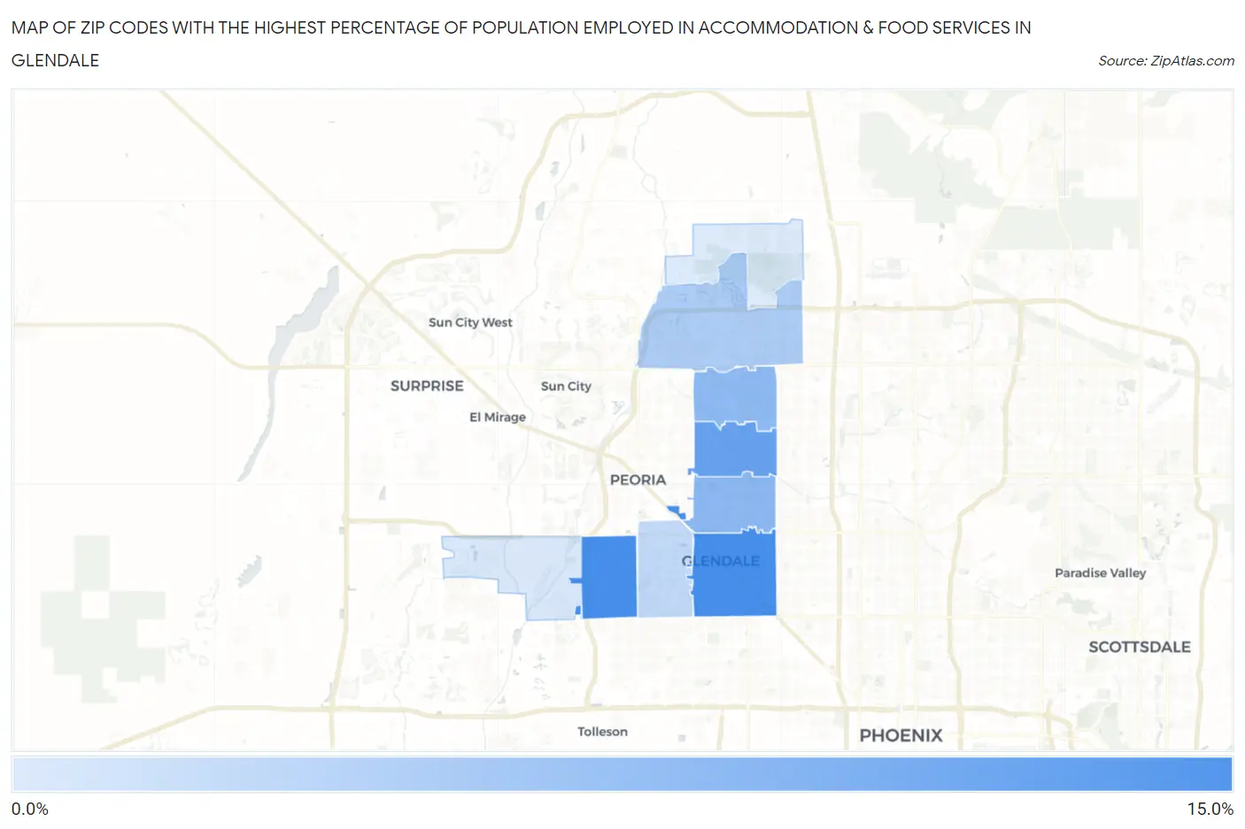 Zip Codes with the Highest Percentage of Population Employed in Accommodation & Food Services in Glendale Map