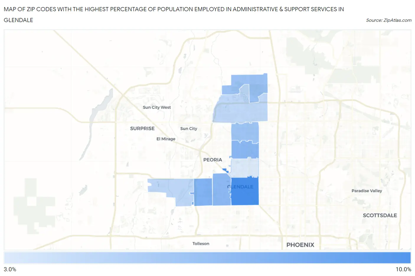 Zip Codes with the Highest Percentage of Population Employed in Administrative & Support Services in Glendale Map