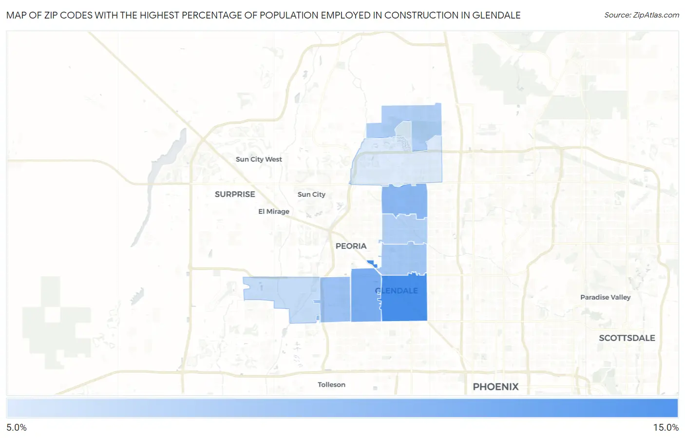 Zip Codes with the Highest Percentage of Population Employed in Construction in Glendale Map