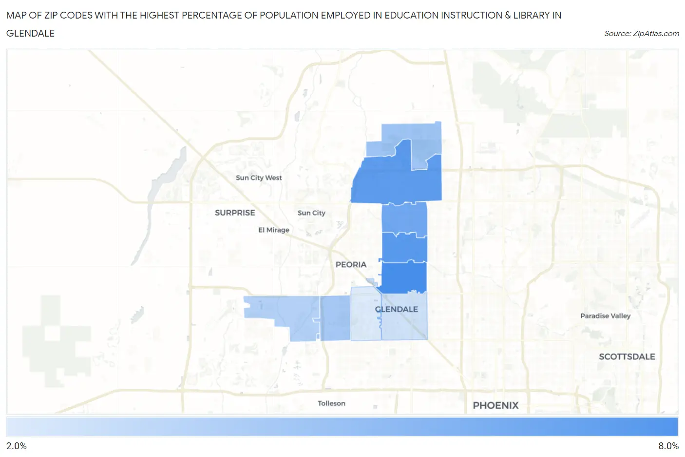 Zip Codes with the Highest Percentage of Population Employed in Education Instruction & Library in Glendale Map