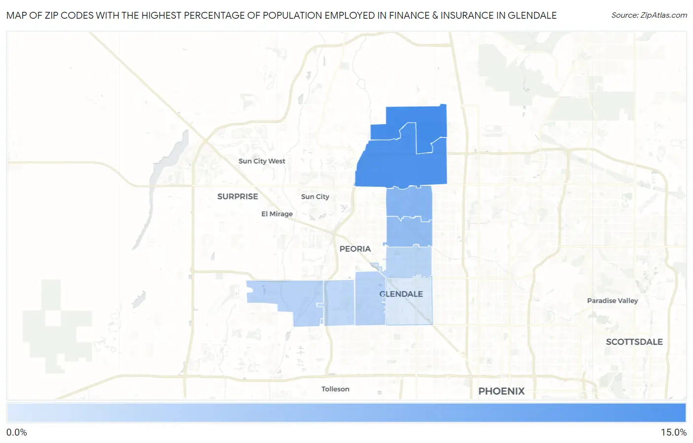 Zip Codes with the Highest Percentage of Population Employed in Finance & Insurance in Glendale Map