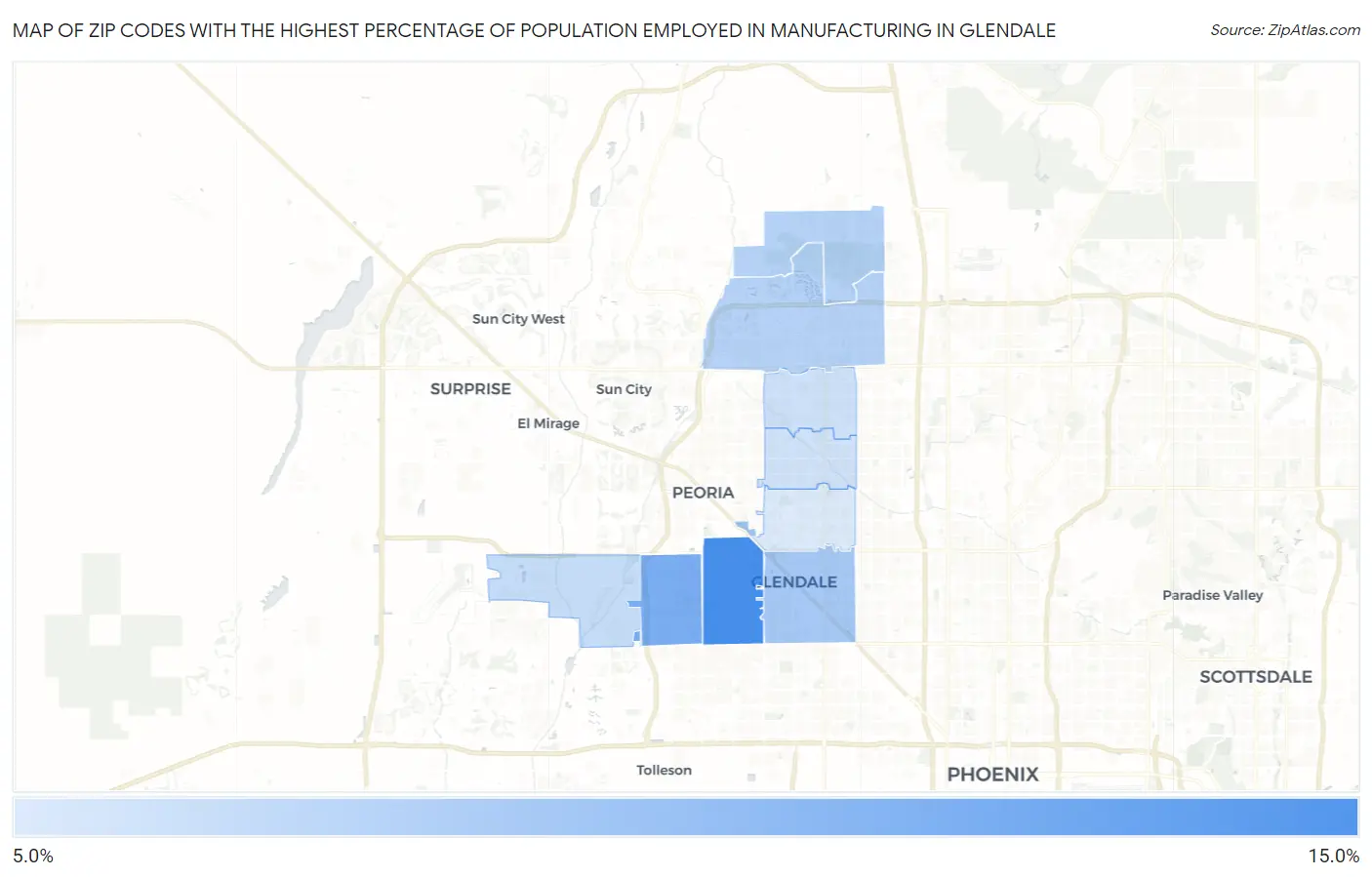Zip Codes with the Highest Percentage of Population Employed in Manufacturing in Glendale Map