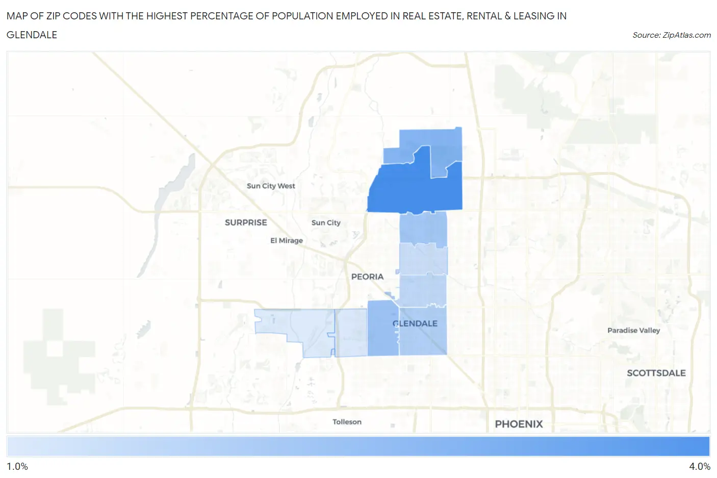 Zip Codes with the Highest Percentage of Population Employed in Real Estate, Rental & Leasing in Glendale Map