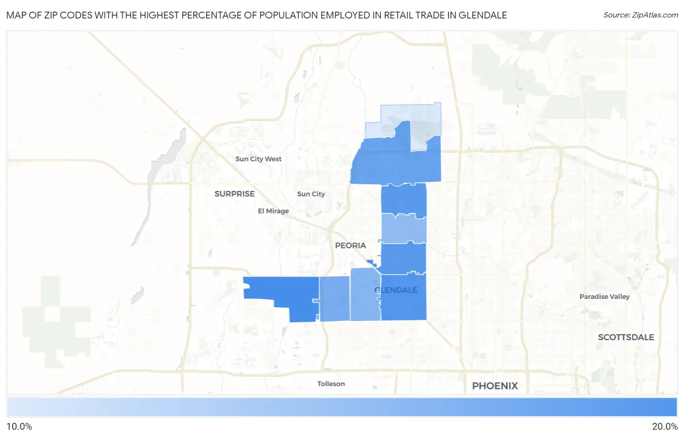 Zip Codes with the Highest Percentage of Population Employed in Retail Trade in Glendale Map