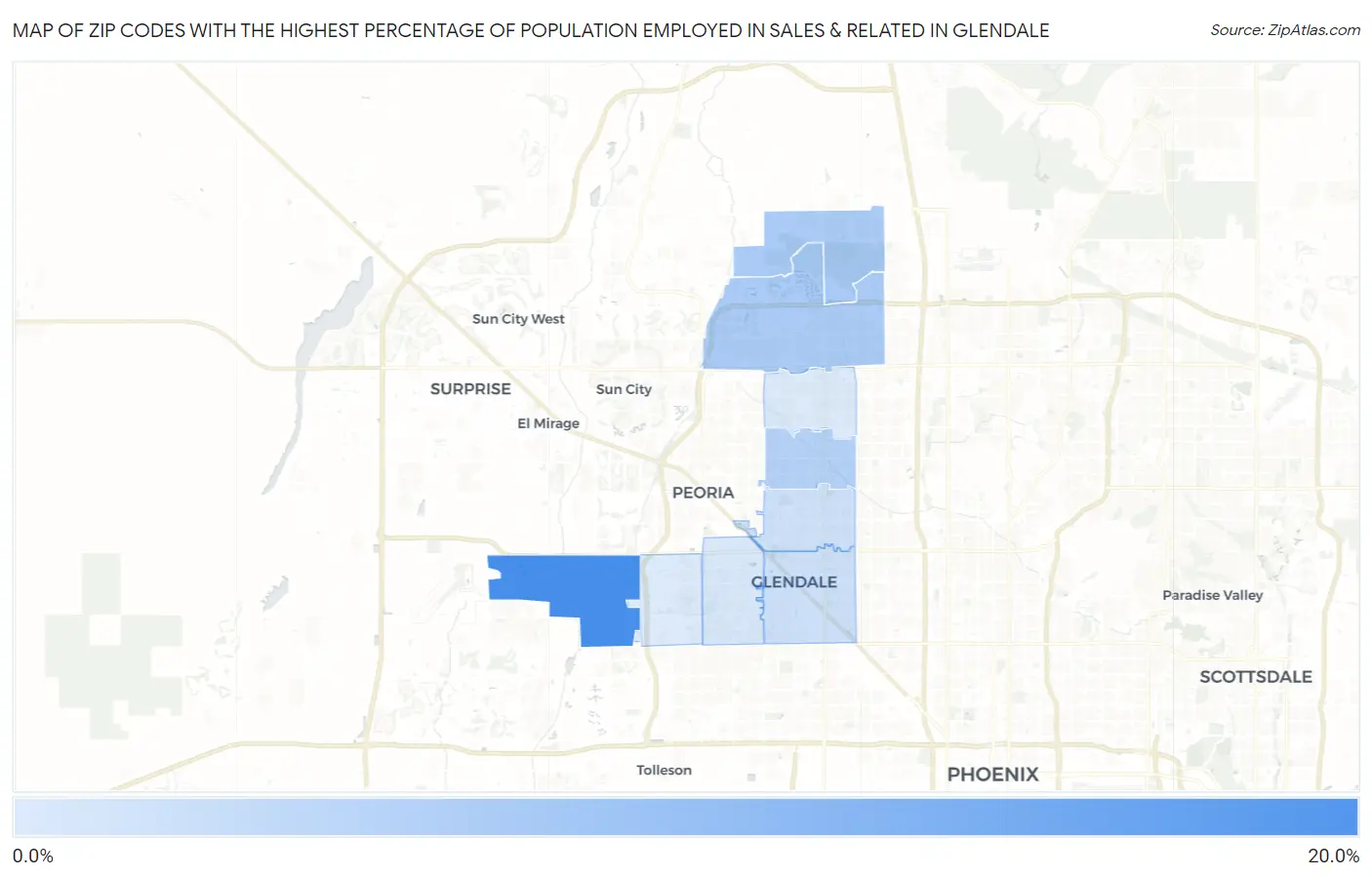 Zip Codes with the Highest Percentage of Population Employed in Sales & Related in Glendale Map