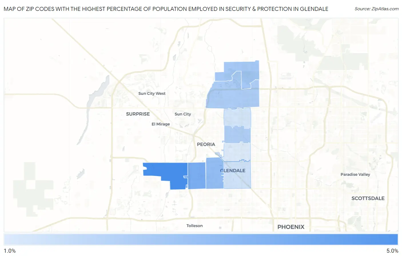 Zip Codes with the Highest Percentage of Population Employed in Security & Protection in Glendale Map
