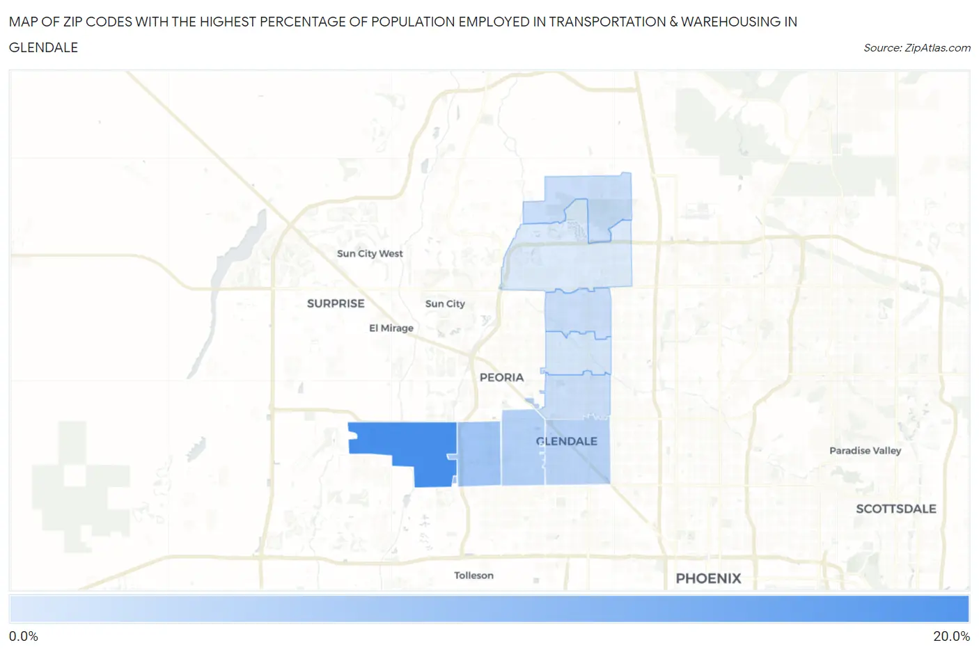 Zip Codes with the Highest Percentage of Population Employed in Transportation & Warehousing in Glendale Map