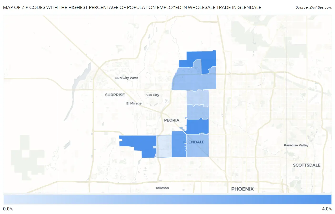 Zip Codes with the Highest Percentage of Population Employed in Wholesale Trade in Glendale Map