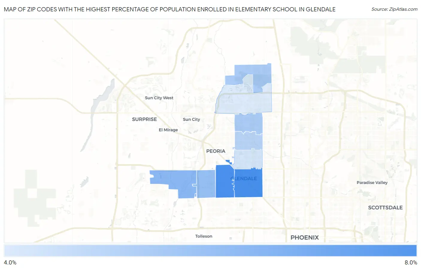 Zip Codes with the Highest Percentage of Population Enrolled in Elementary School in Glendale Map