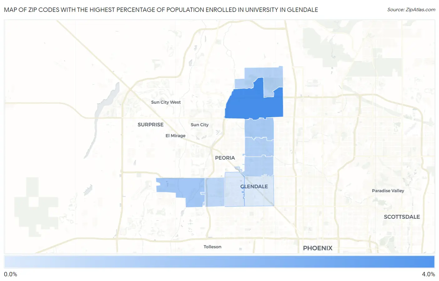 Zip Codes with the Highest Percentage of Population Enrolled in University in Glendale Map