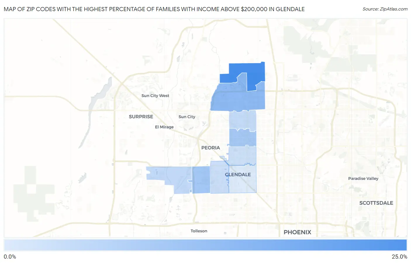 Zip Codes with the Highest Percentage of Families with Income Above $200,000 in Glendale Map