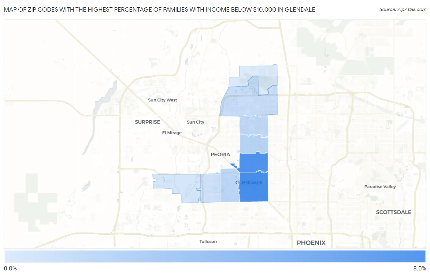 Zip Codes with the Highest Percentage of Families with Income Below $10,000 in Glendale Map
