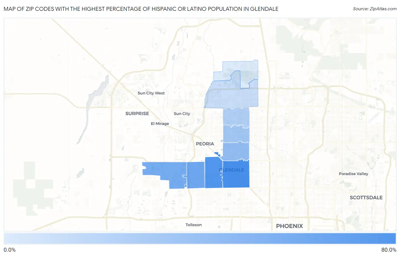 Zip Codes with the Highest Percentage of Hispanic or Latino Population in Glendale Map