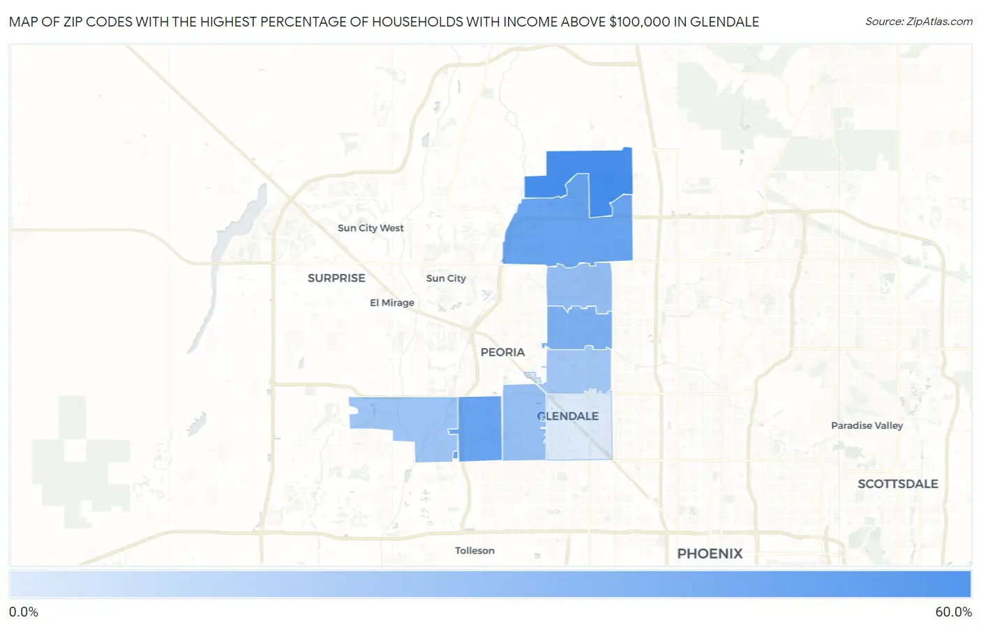Zip Codes with the Highest Percentage of Households with Income Above $100,000 in Glendale Map