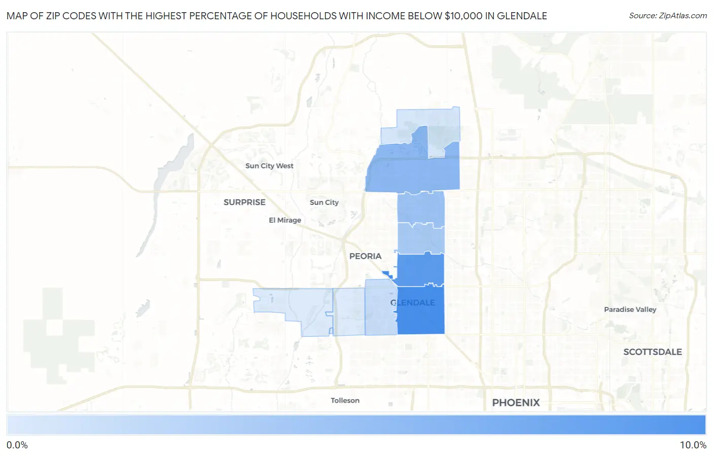 Zip Codes with the Highest Percentage of Households with Income Below $10,000 in Glendale Map