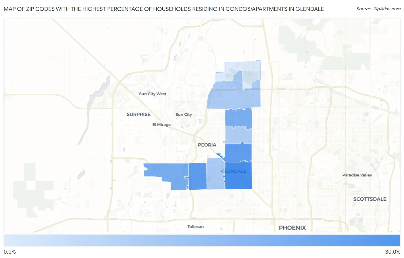 Zip Codes with the Highest Percentage of Households Residing in Condos/Apartments in Glendale Map