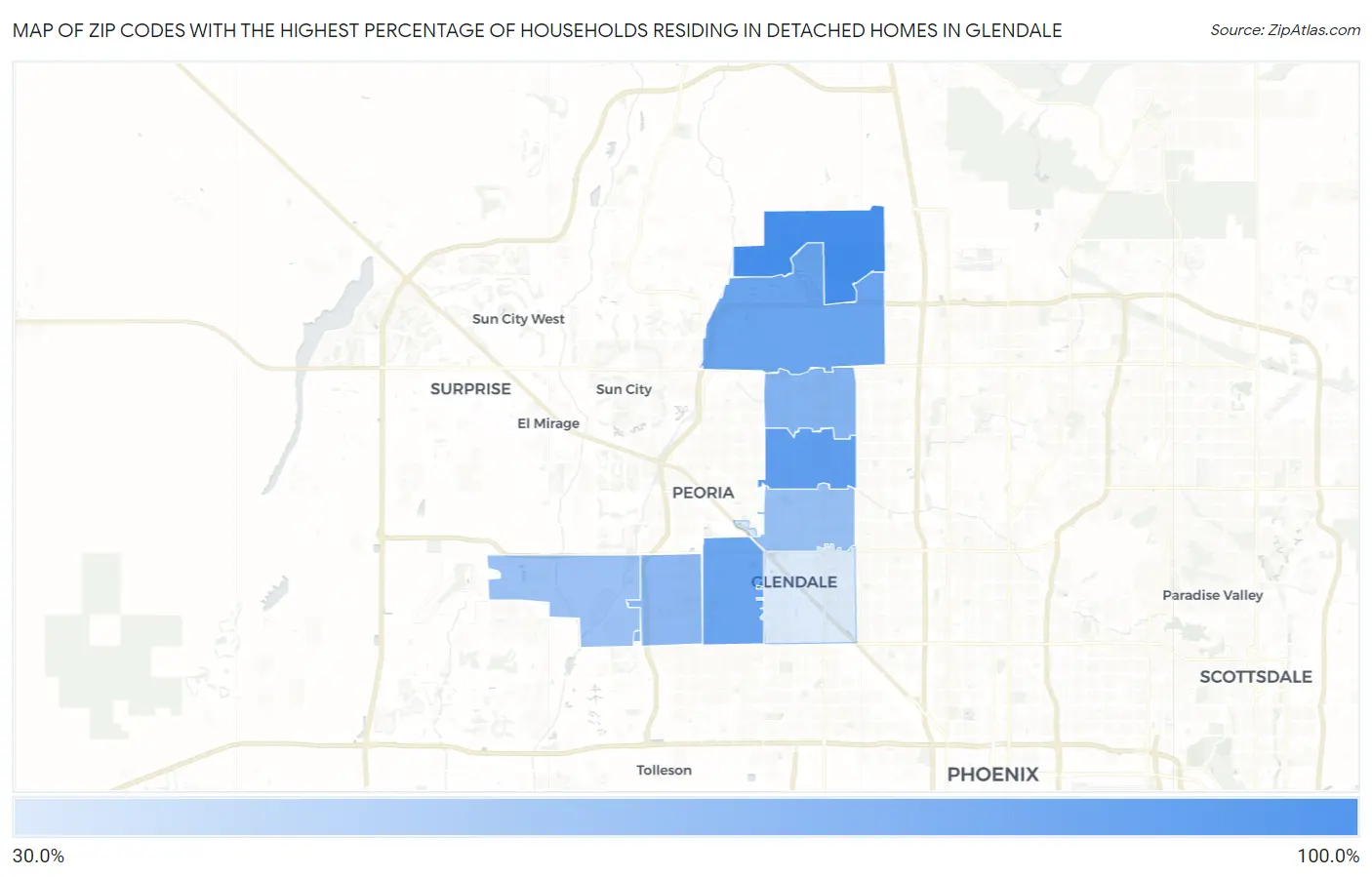 Zip Codes with the Highest Percentage of Households Residing in Detached Homes in Glendale Map