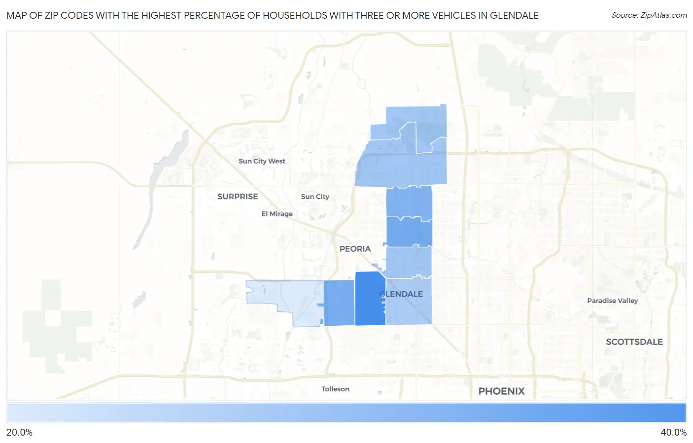 Zip Codes with the Highest Percentage of Households With Three or more Vehicles in Glendale Map