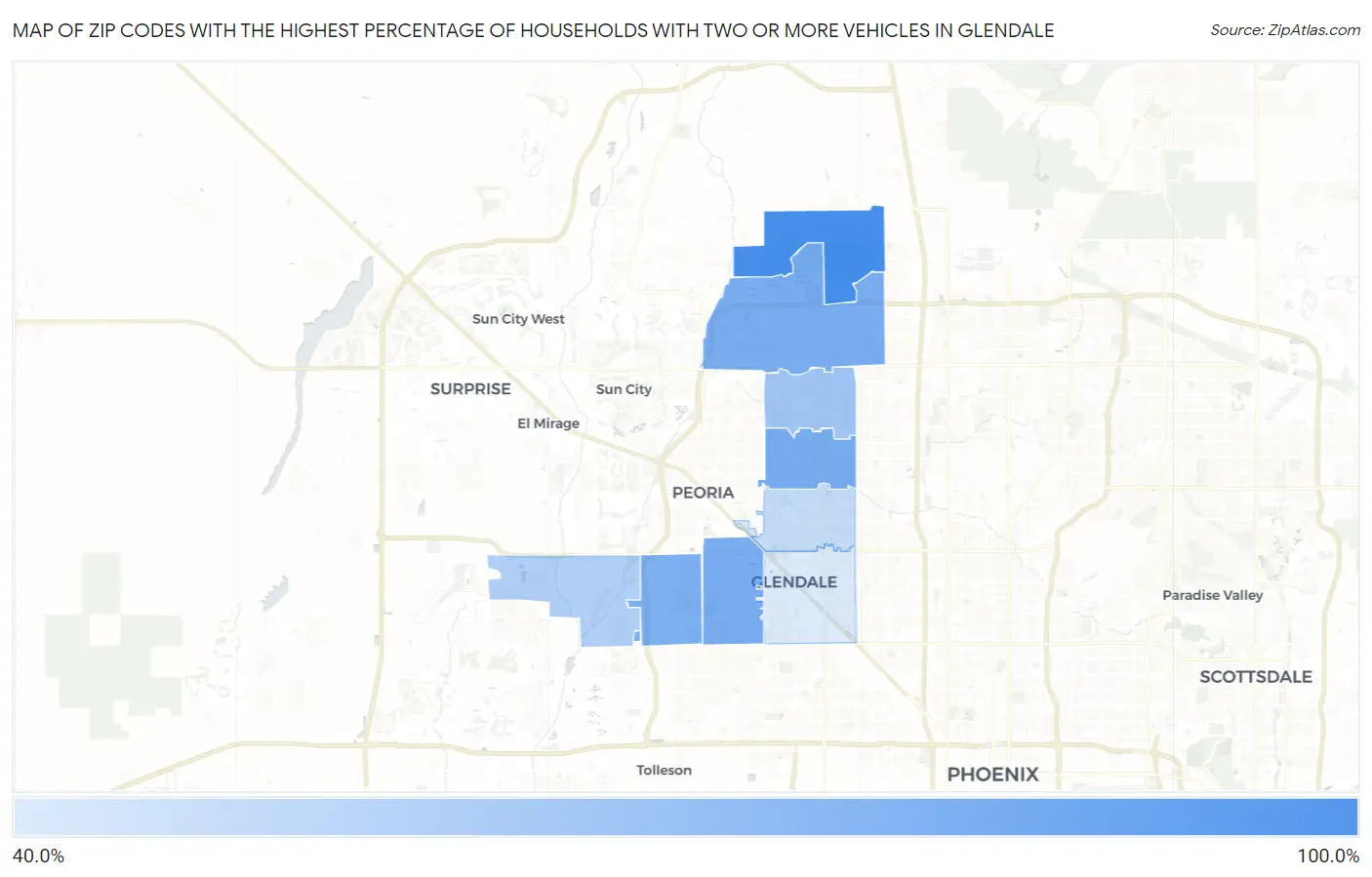 Zip Codes with the Highest Percentage of Households With Two or more Vehicles in Glendale Map