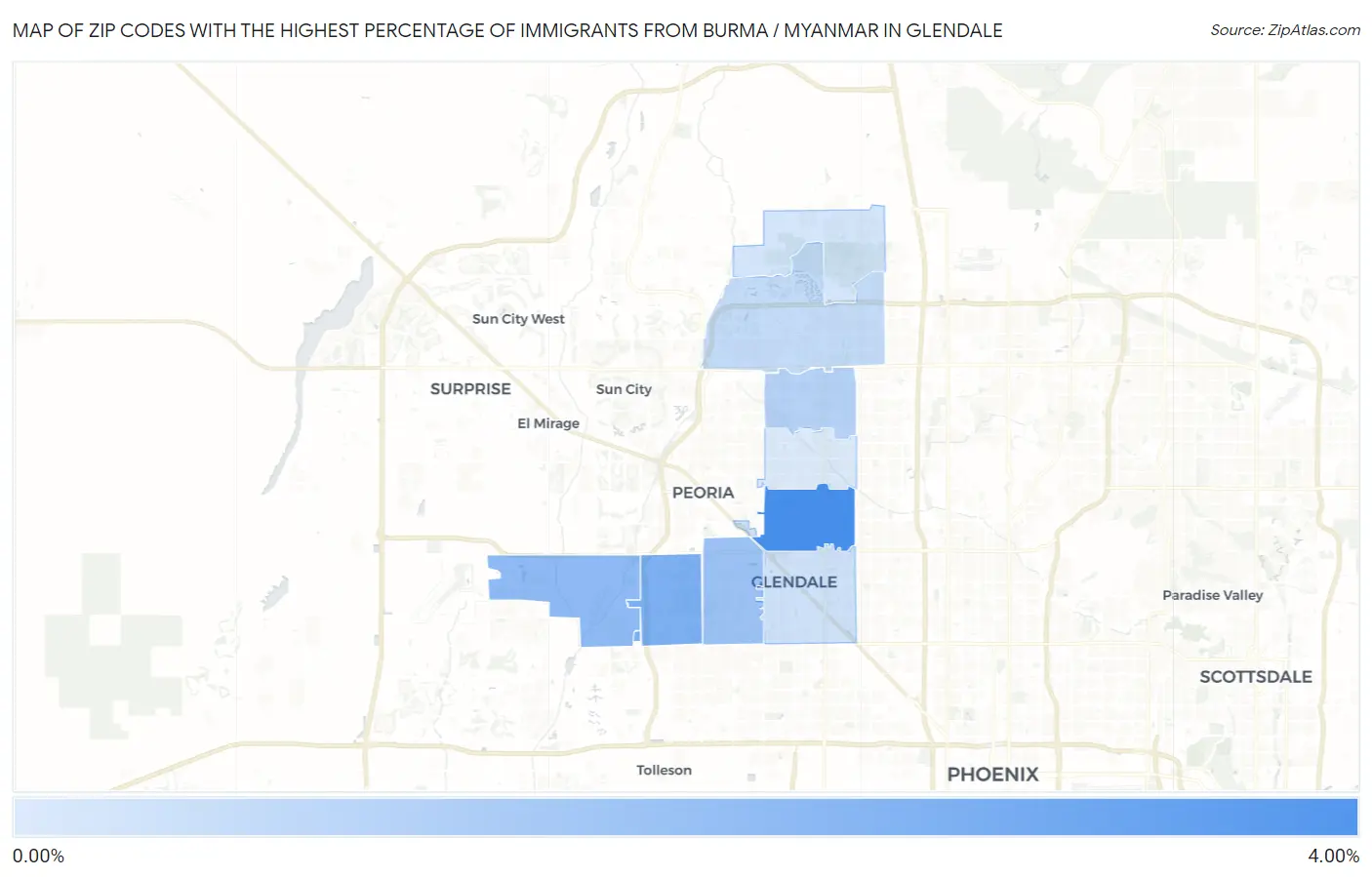 Zip Codes with the Highest Percentage of Immigrants from Burma / Myanmar in Glendale Map
