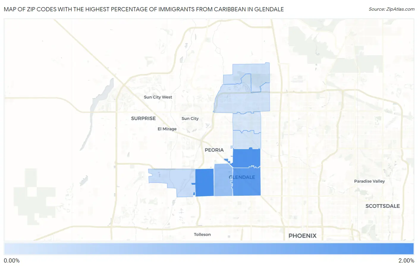 Zip Codes with the Highest Percentage of Immigrants from Caribbean in Glendale Map
