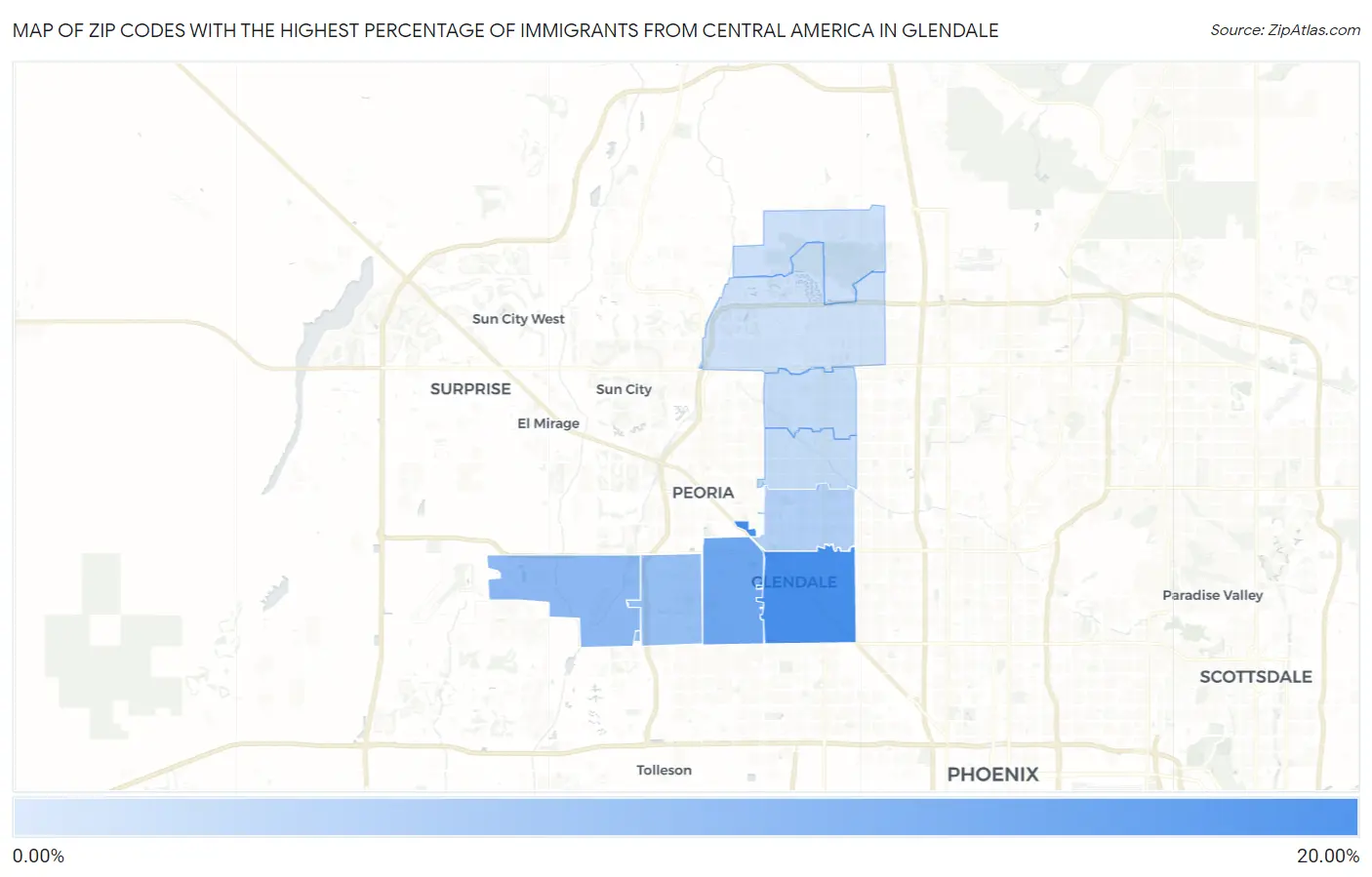 Zip Codes with the Highest Percentage of Immigrants from Central America in Glendale Map