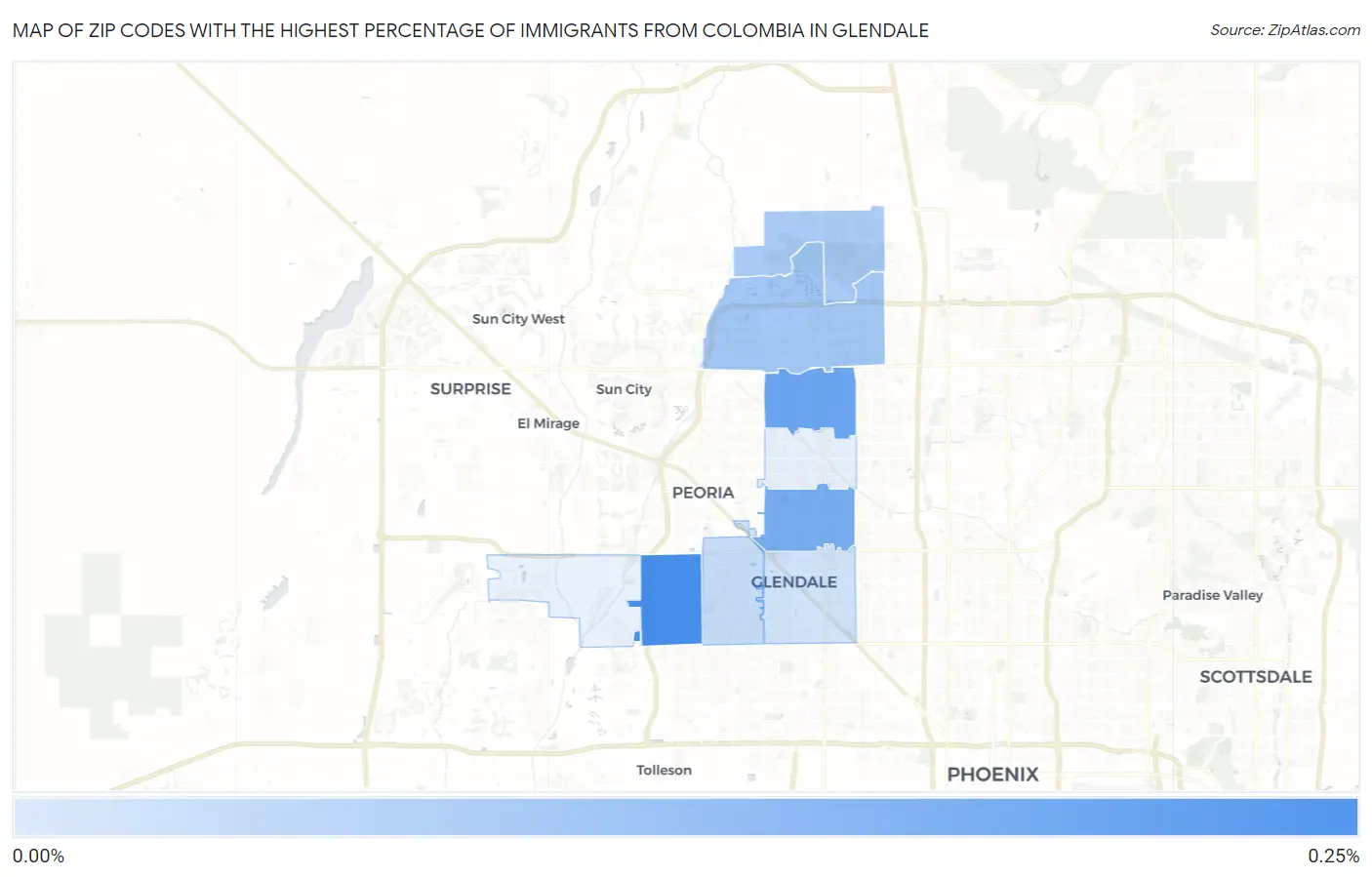 Zip Codes with the Highest Percentage of Immigrants from Colombia in Glendale Map