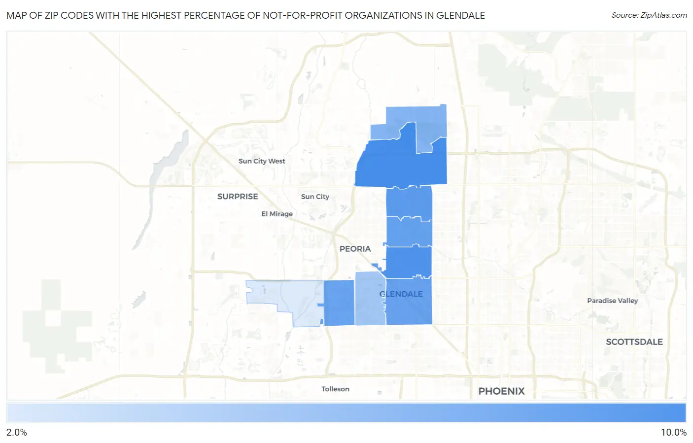Zip Codes with the Highest Percentage of Not-for-profit Organizations in Glendale Map