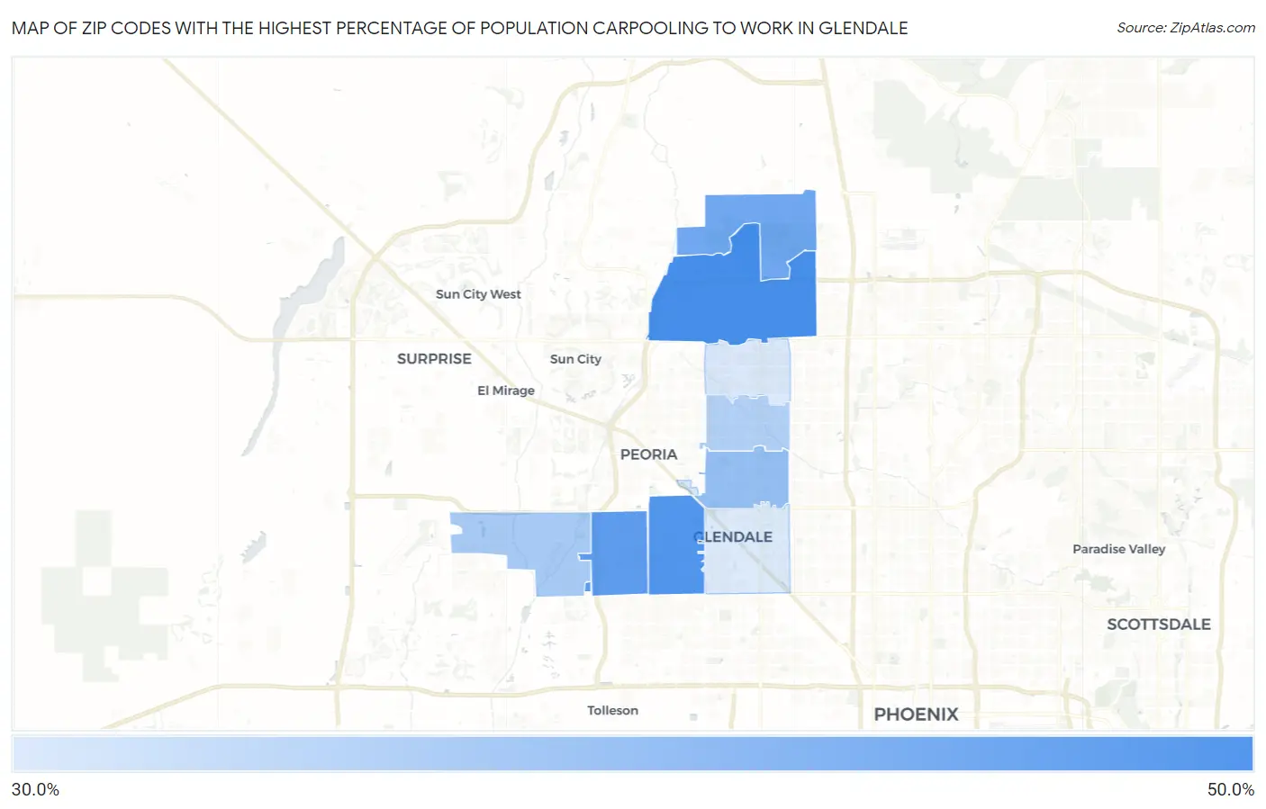 Zip Codes with the Highest Percentage of Population Carpooling to Work in Glendale Map