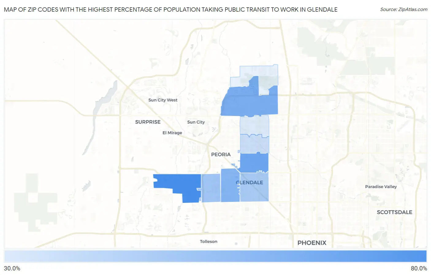 Zip Codes with the Highest Percentage of Population Taking Public Transit to Work in Glendale Map