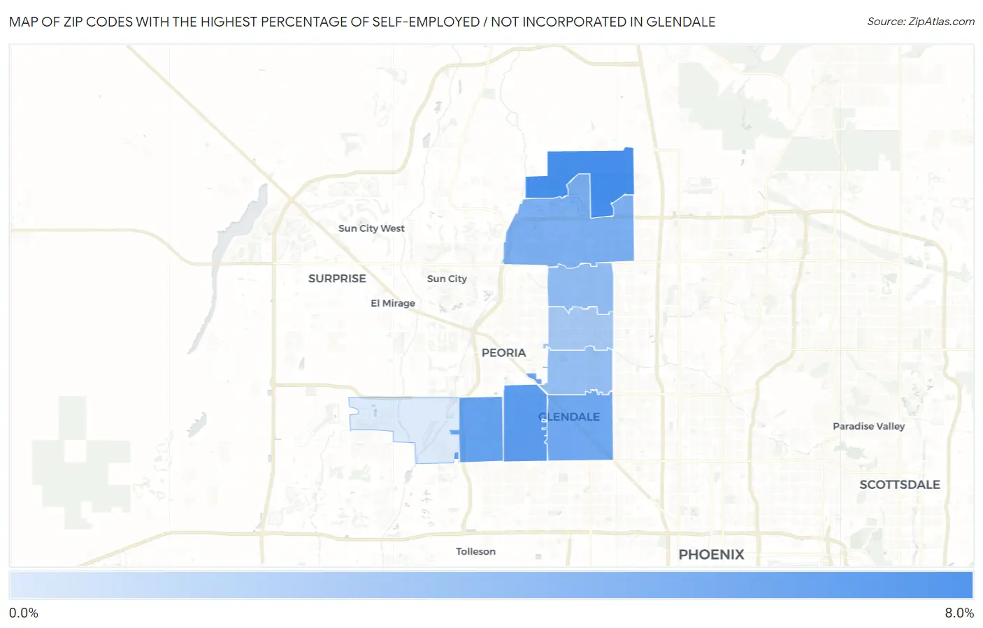 Zip Codes with the Highest Percentage of Self-Employed / Not Incorporated in Glendale Map